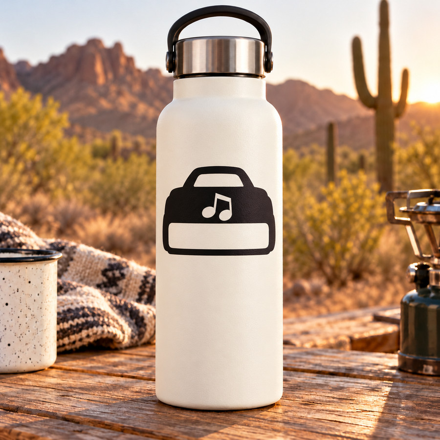 Vinyl decal featuring a black music-note duffel bag icon on a white bottle
