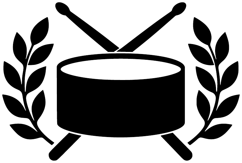 Marching band drum with crossed sticks and laurel vinyl decal, black on white