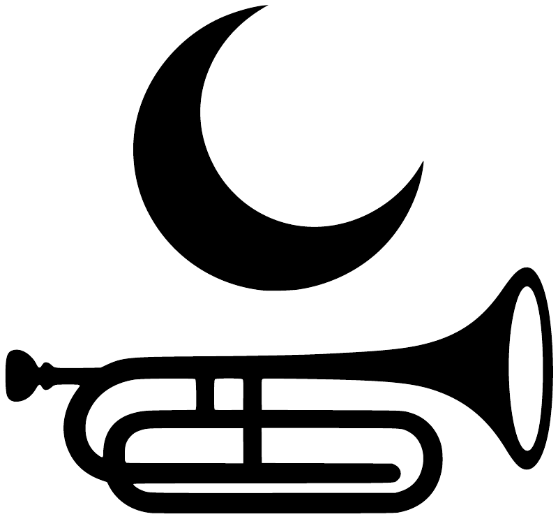 Black crescent moon and trumpet vinyl decal, close-up on white background