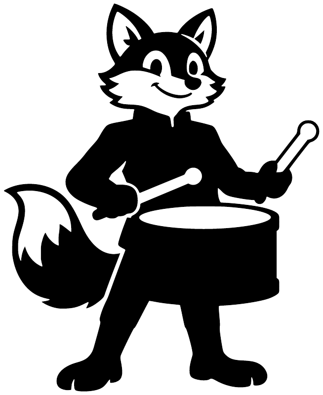 Fox snare drum vinyl decal, black fox with drum and raised sticks