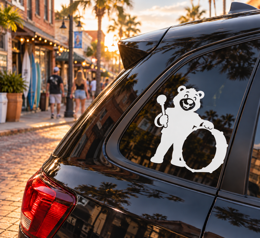Marching band bear vinyl car decal, black-and-white bear with drum and baton