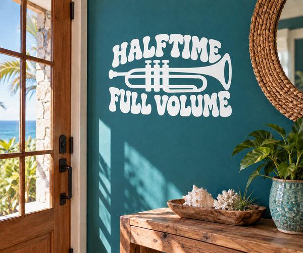 White HALFTIME FULL VOLUME vinyl decal with trumpet icon, wall lettering