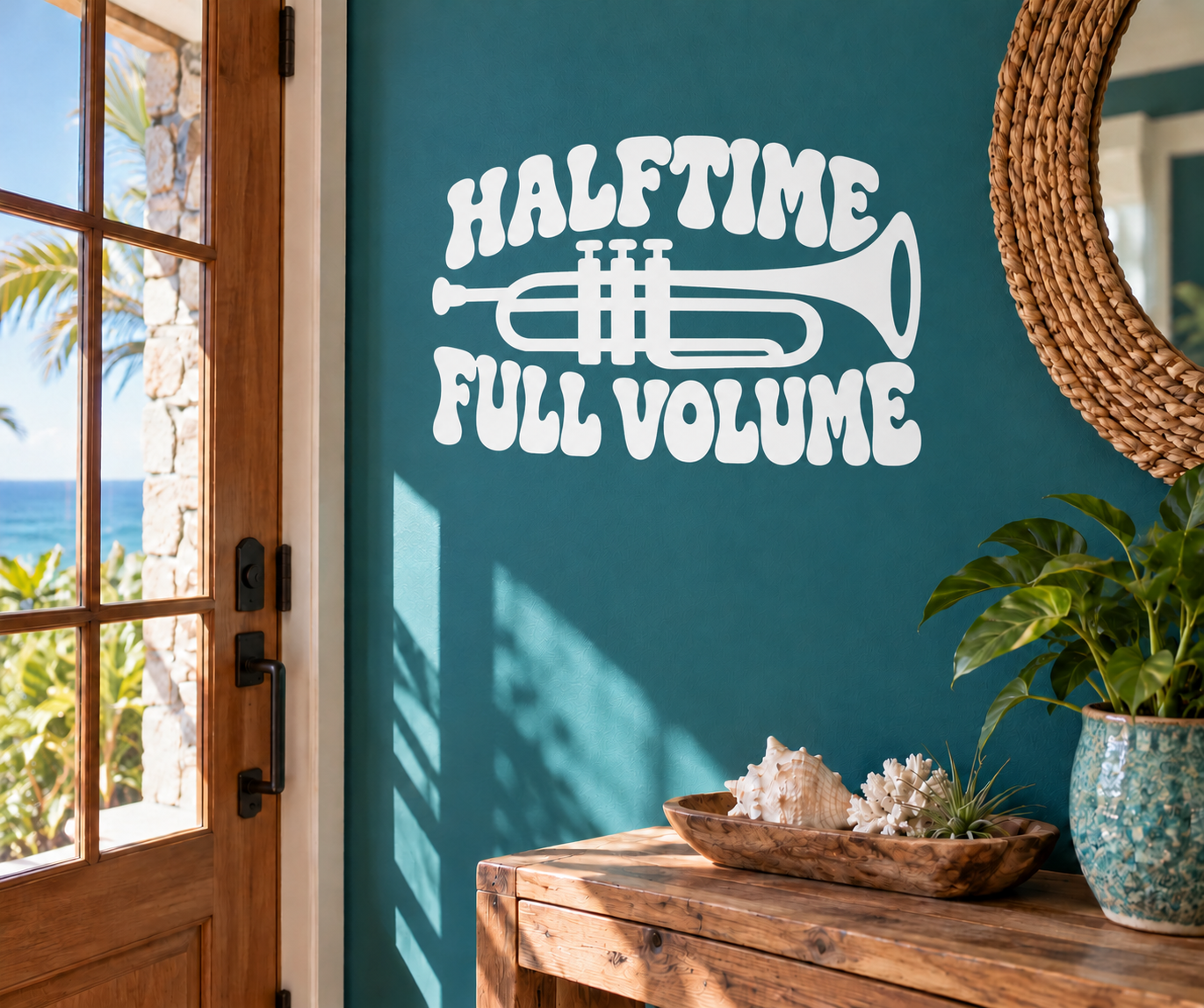 White HALFTIME FULL VOLUME vinyl decal with trumpet icon, wall lettering