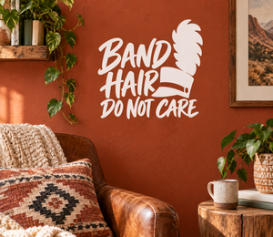 White vinyl decal with “BAND HAIR DO NOT CARE” text and marching hat silhouette.