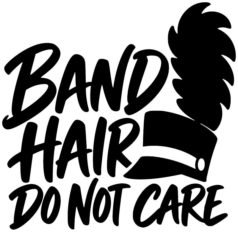 Black vinyl decal with “BAND HAIR DO NOT CARE” lettering and marching hat silhouette.