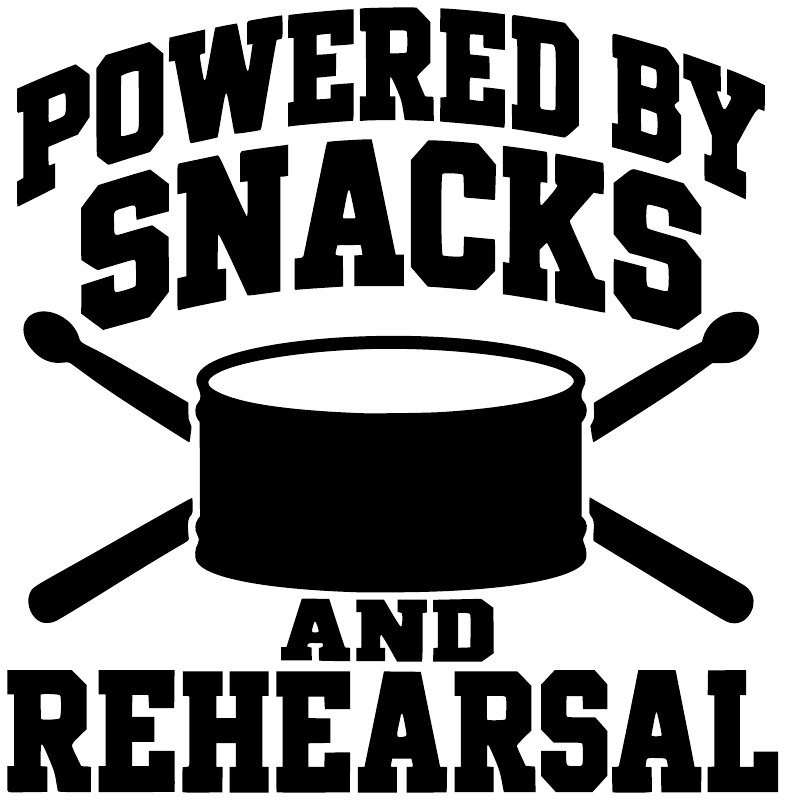 Vinyl wall decal: bold black 'POWERED BY SNACKS' and 'REHEARSAL' with pot