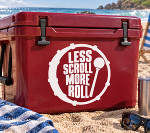White circular vinyl decal reading "LESS SCROLL MORE ROLL" with gear-style border