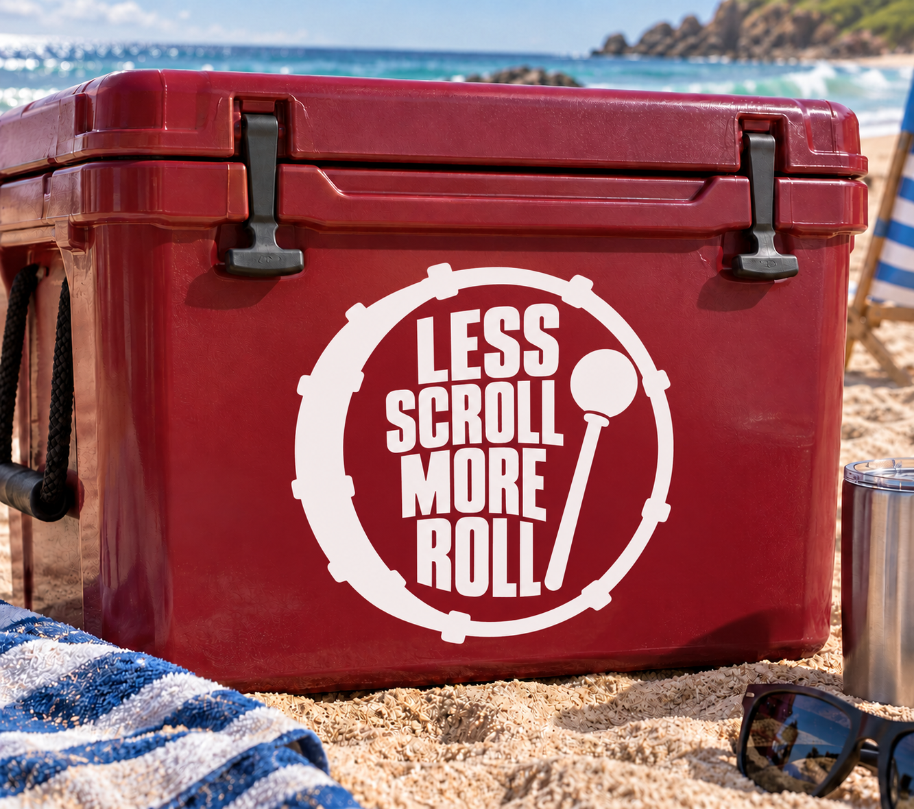 White circular vinyl decal reading "LESS SCROLL MORE ROLL" with gear-style border