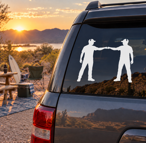 Vehicle window vinyl decal of two men shaking hands, white silhouettes