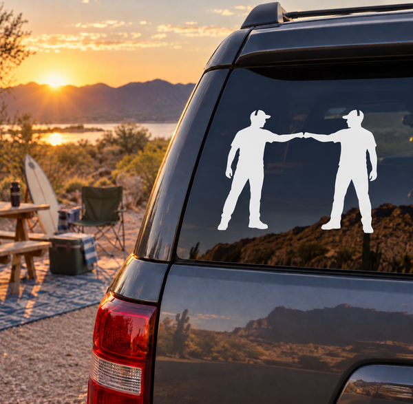 Vehicle window vinyl decal of two men shaking hands, white silhouettes