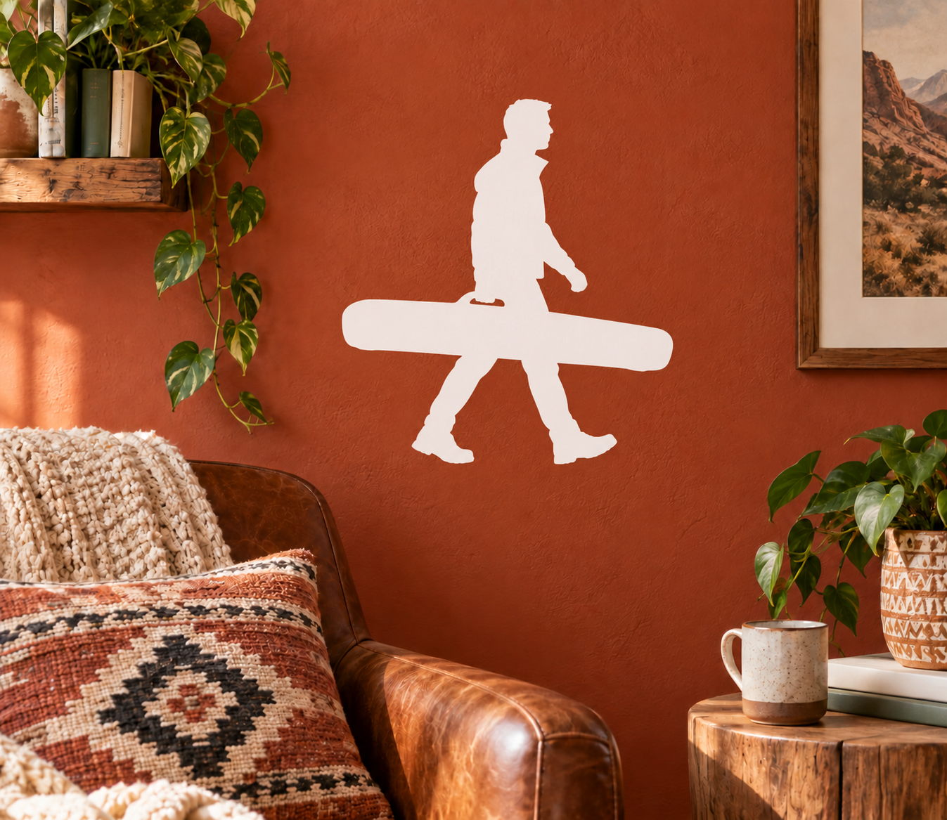 White vinyl decal silhouette of a person holding a rifle, mounted on a wall