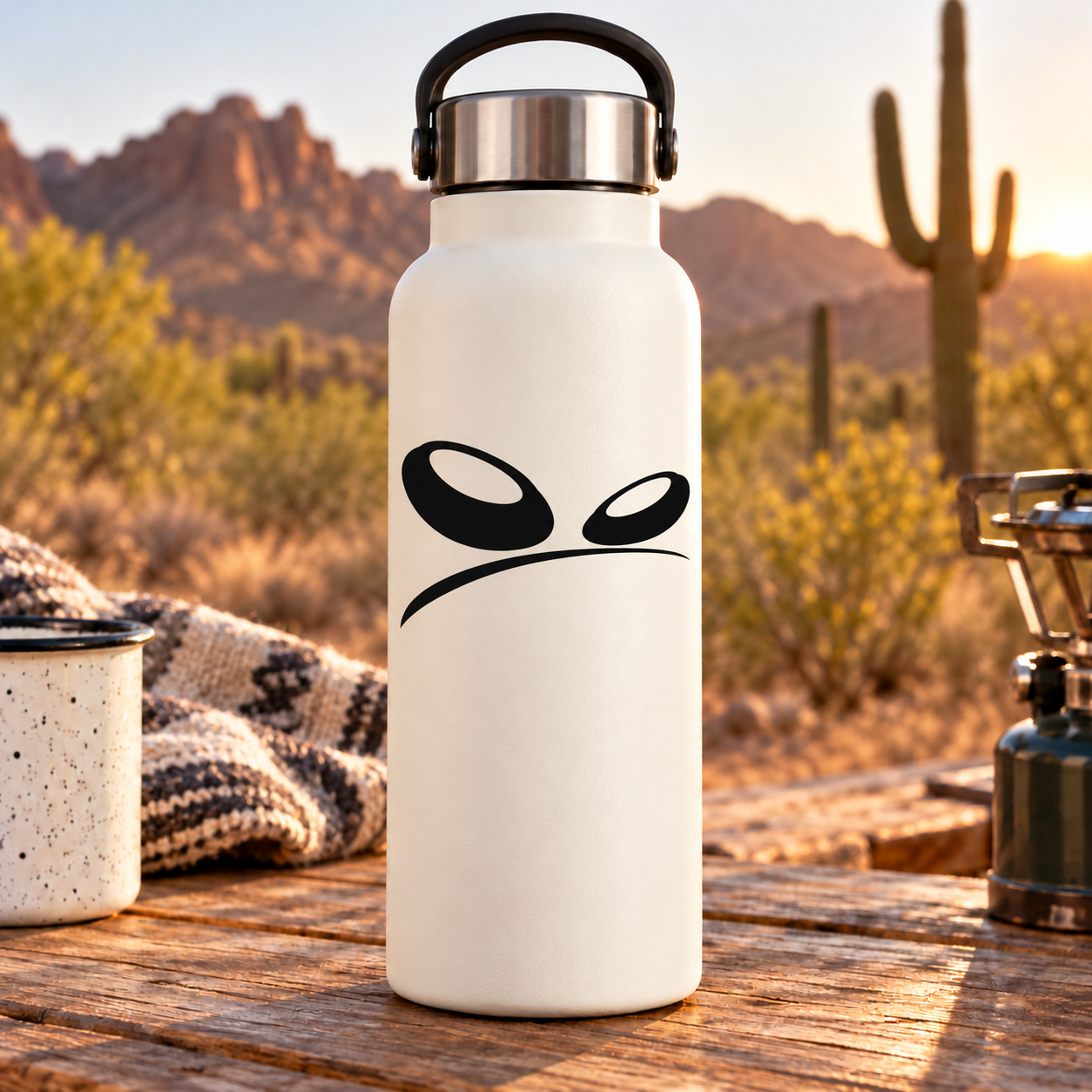 Vinyl decal pair with black alien eyes and curved mouth on white bottle