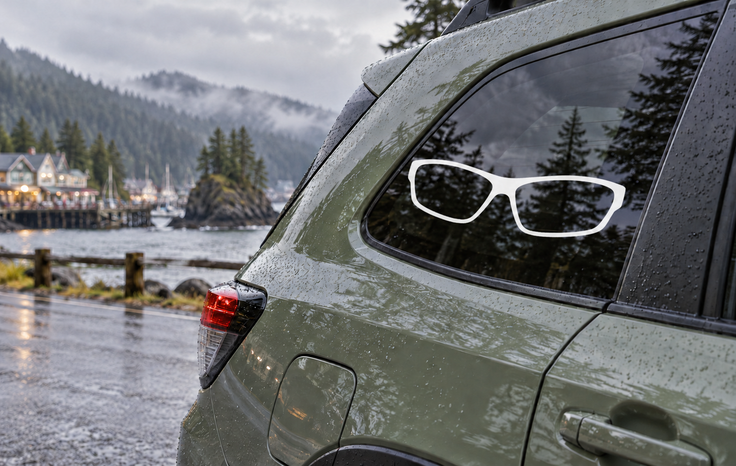 Vinyl decal of white glasses with black frames on a car window