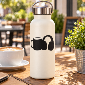 White bottle with black mug and headphones vinyl decal