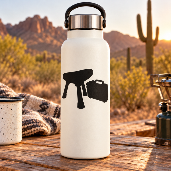 MarksmenCX019 vinyl decal of black camping stool and range bag on a white bottle