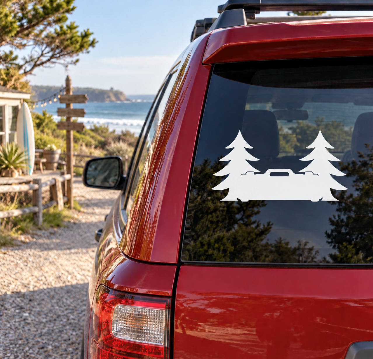 Marksmen Pine Range Weekend vinyl decal, white pine trees on car window