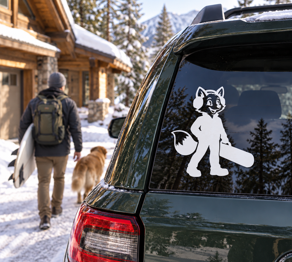Vinyl car decal: white fox character with tail on dark vehicle window