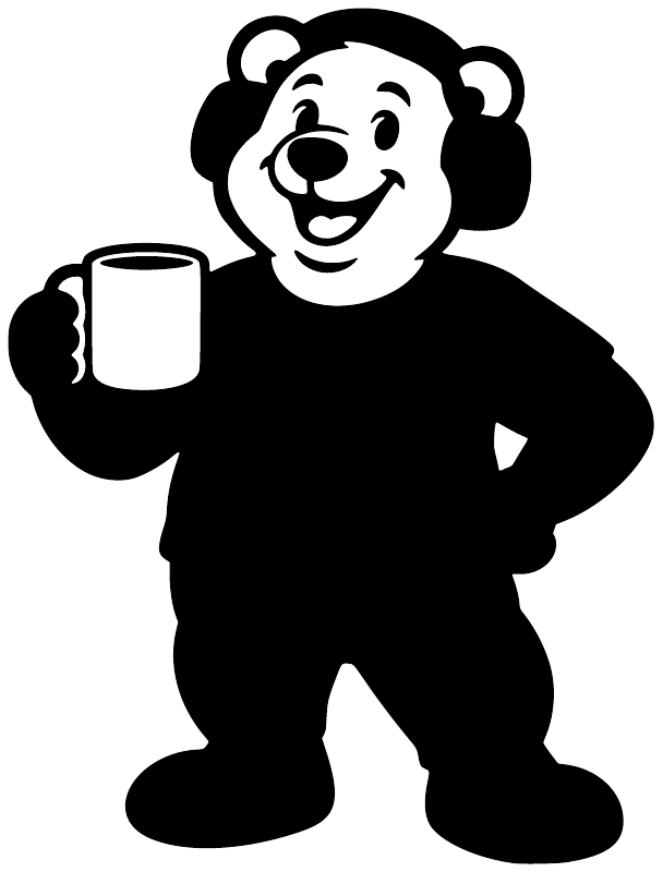 Black and white bear holding a coffee mug vinyl decal
