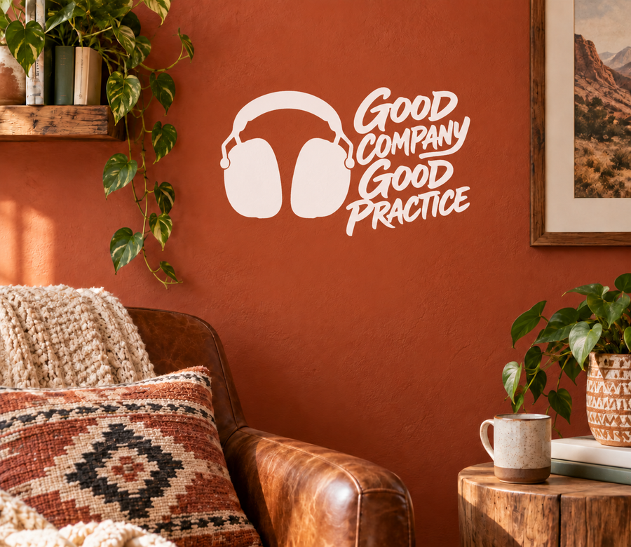 Vinyl decal featuring white headphones and 'Good Company Good Practice' lettering
