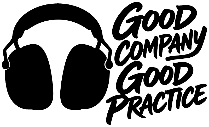 Black vinyl decal of over-ear headphones with 'Good Company Good Practice' text