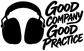 Black vinyl decal of over-ear headphones with 'Good Company Good Practice' text