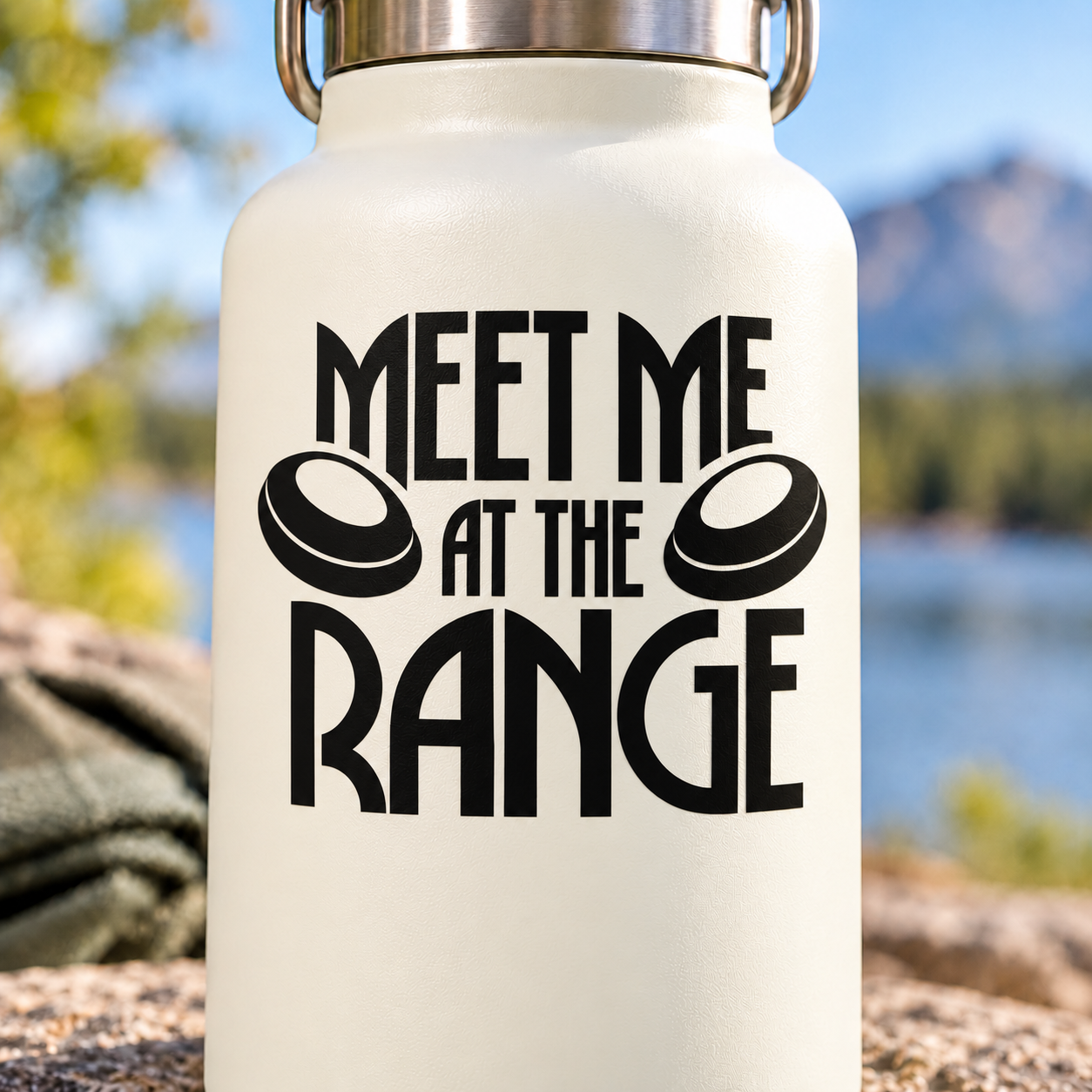 Vinyl decal with bold black 'MEET ME AT THE RANGE' text and ear icons