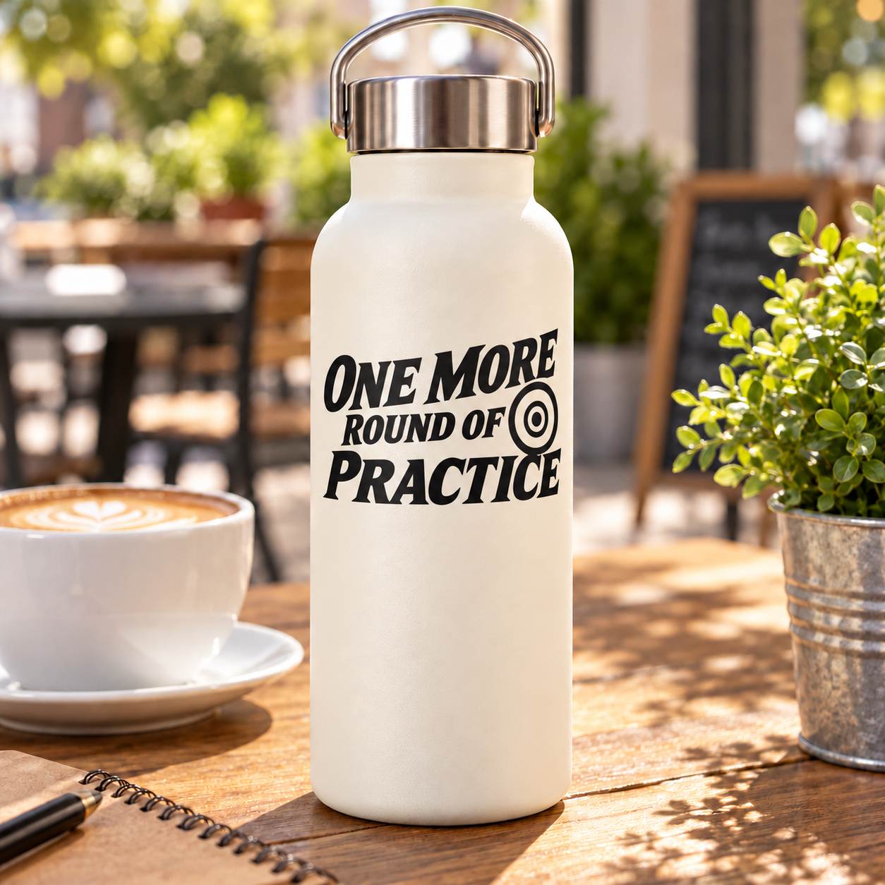 Vinyl decal text: “ONE MORE ROUND OF PRACTICE”, black lettering on white background