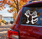Axolotl mascot vinyl decal in black and white cheering on car rear window