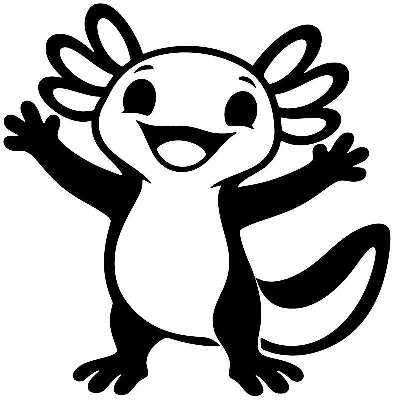 Axolotl mascot vinyl decal, black-outlined axolotl with spread arms and wings, smiling