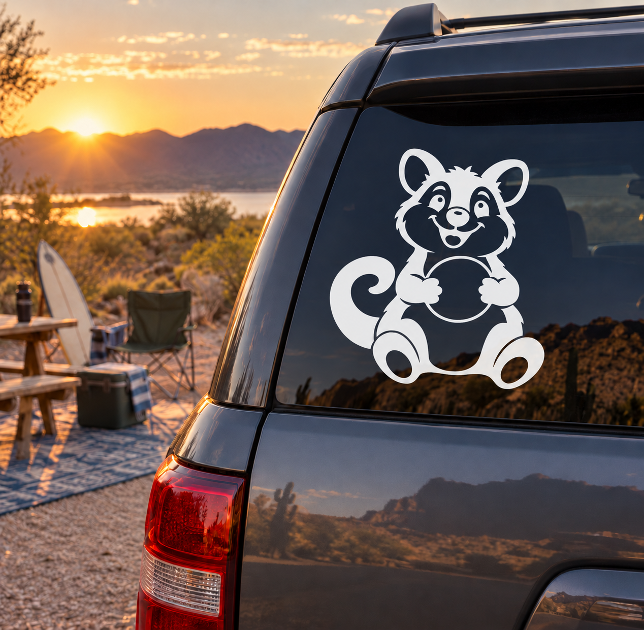 Vinyl decal of seated cartoon mascot animal with paws on belly on dark car window.