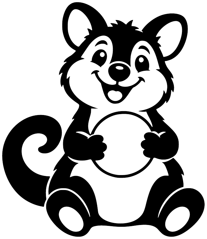 Black-and-white vinyl decal of seated cartoon mascot animal, smiling with paws on belly.