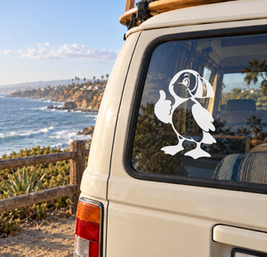 White puffin mascot spirit vinyl decal on car window