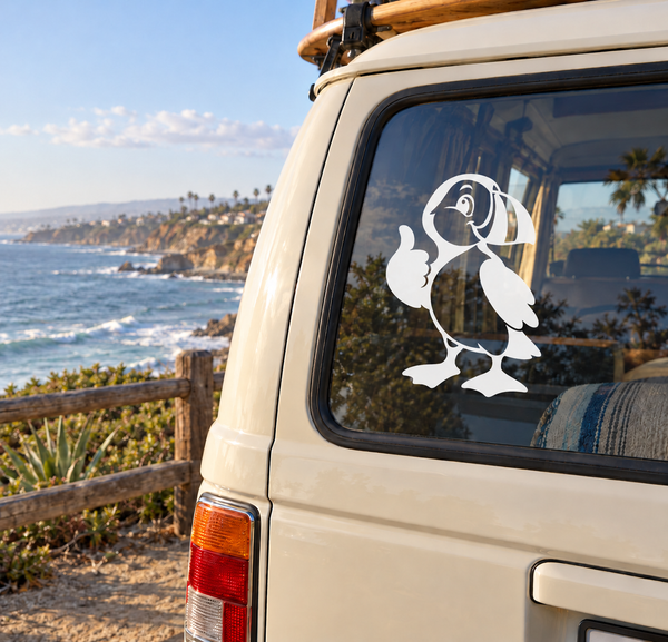 White puffin mascot spirit vinyl decal on car window