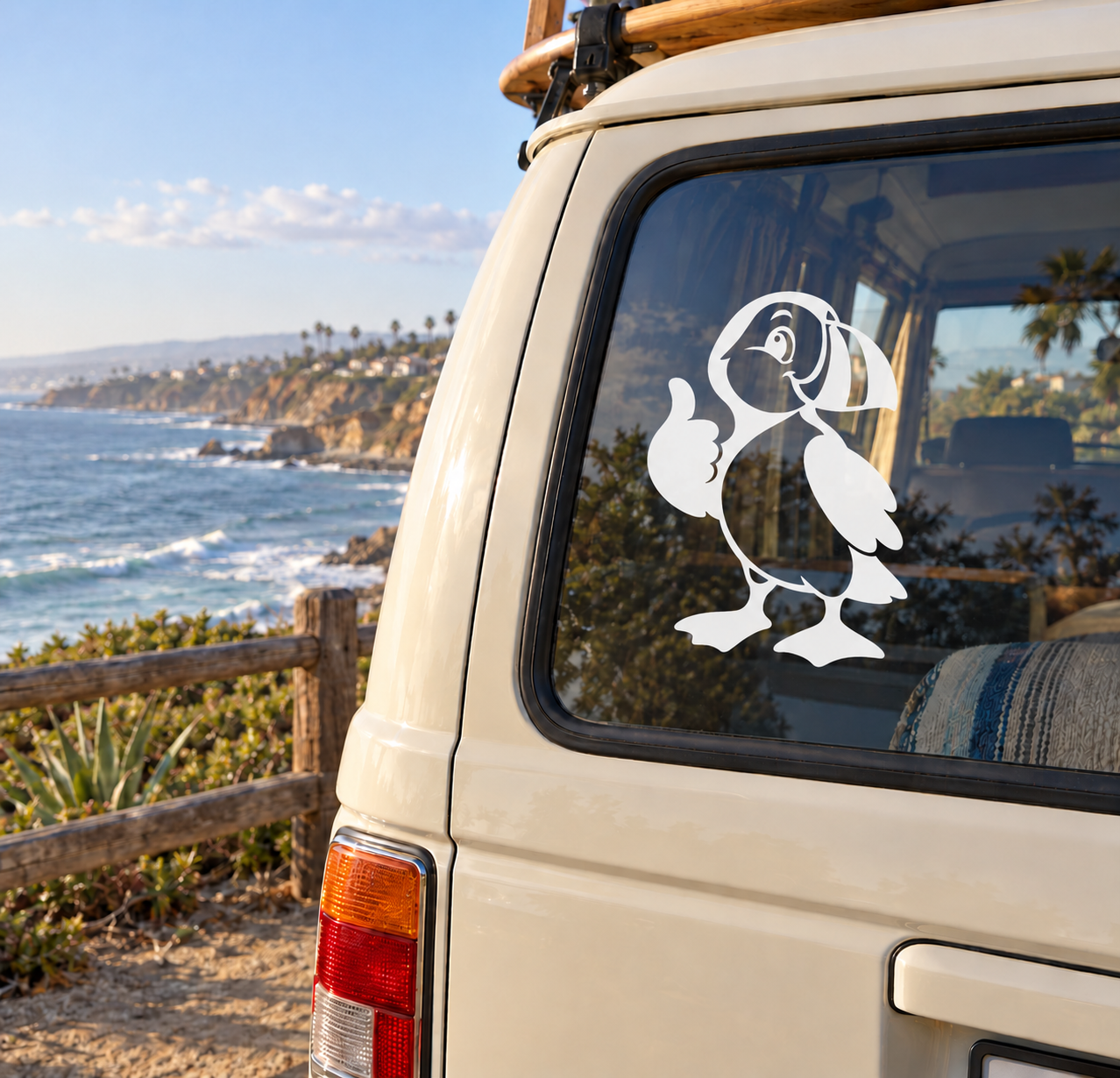 White puffin mascot spirit vinyl decal on car window