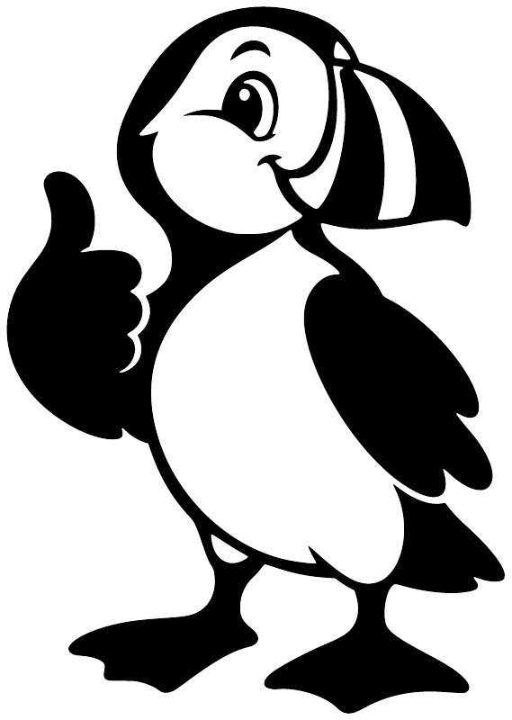 Black-and-white puffin mascot spirit vinyl decal with thumbs-up pose