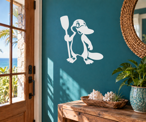 Cartoon platypus vinyl decal holding a paddle, white with light blue accents
