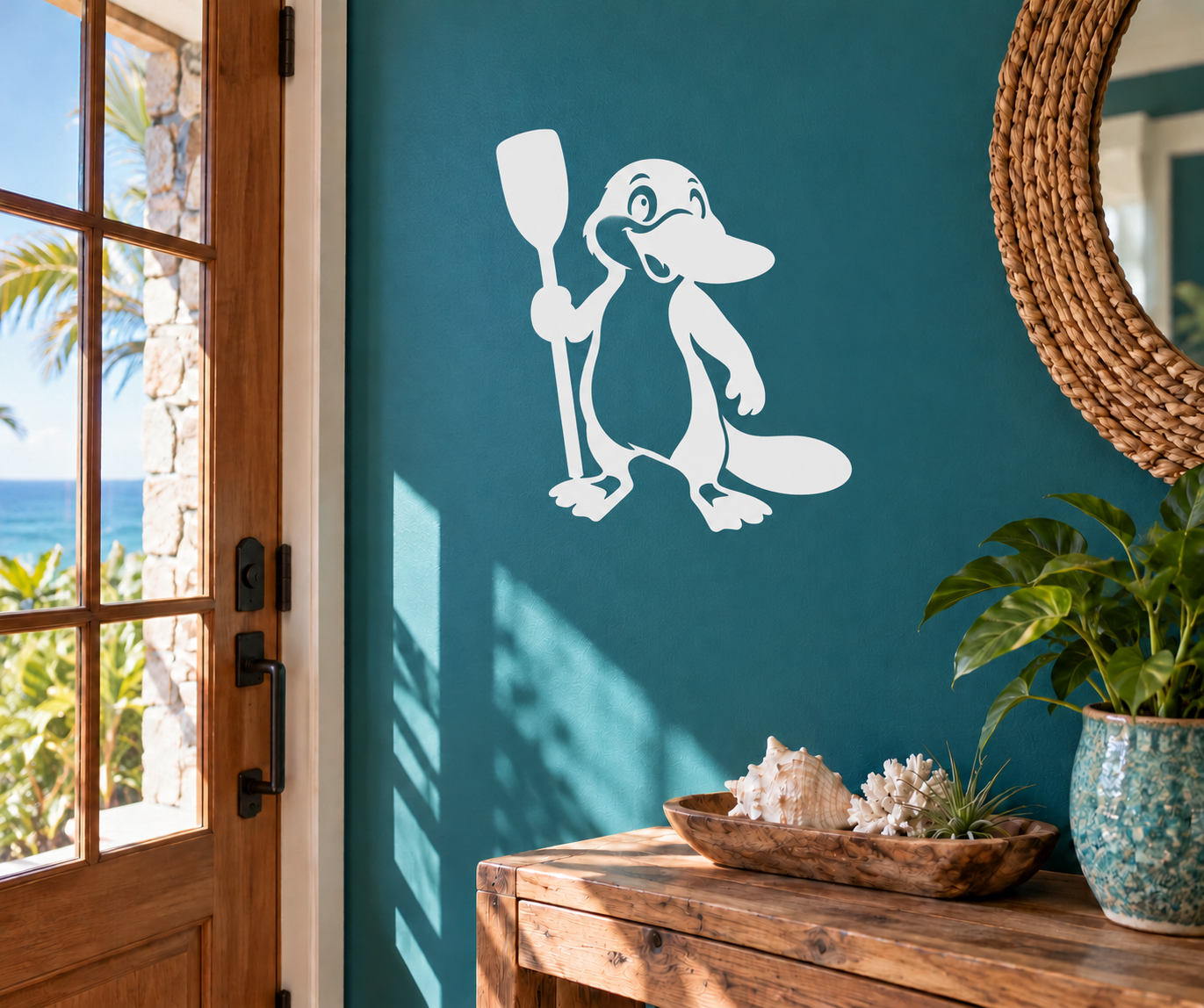 Cartoon platypus vinyl decal holding a paddle, white with light blue accents