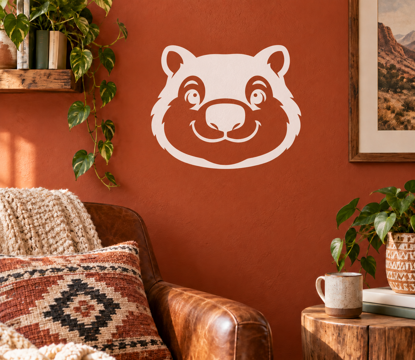 White wombat face vinyl decal with bold outlined eyes and nose