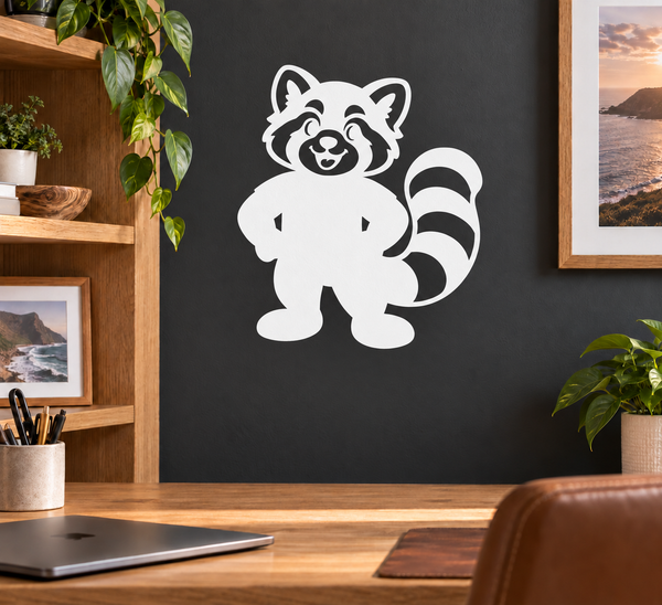 Panda mascot vinyl decal, white graphic with curled tail