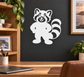 Panda mascot vinyl decal, white graphic with curled tail
