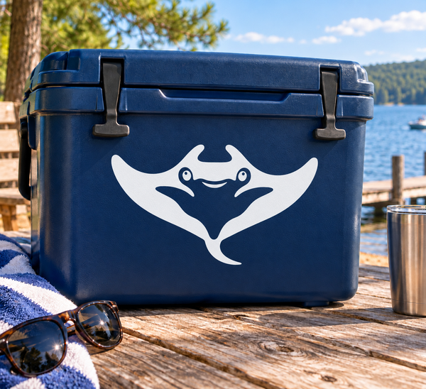 Manta wave vinyl decal in white on dark blue with mascot face