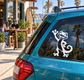 Gecko high-five vinyl decal with white mascot on teal car side window