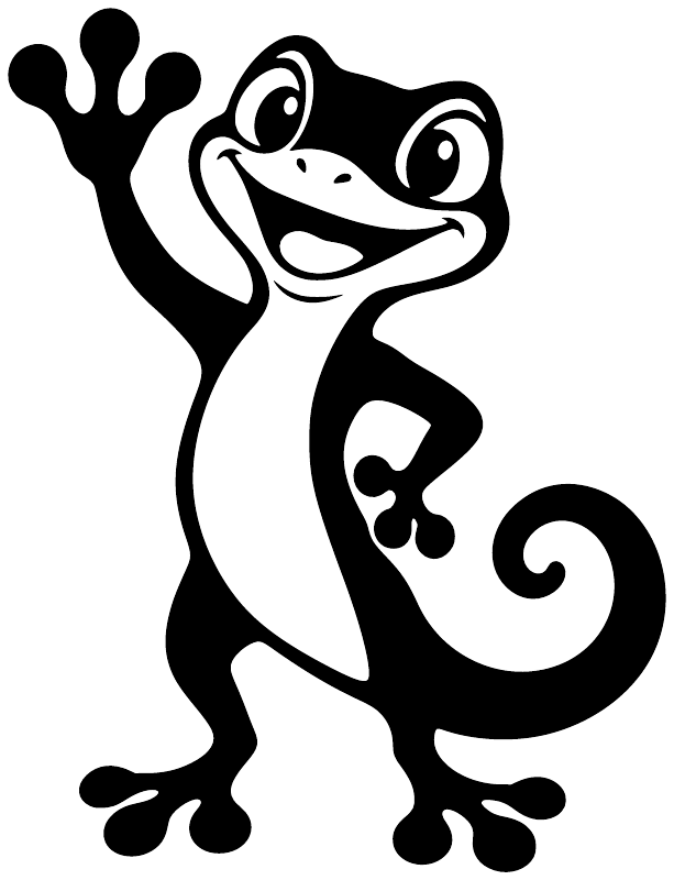 Black gecko high-five vinyl decal mascot with outlined details