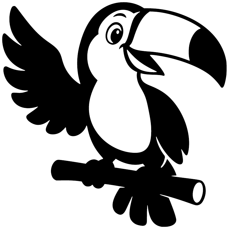 Black-and-white toucan vinyl decal mascot with wings spread and beak open