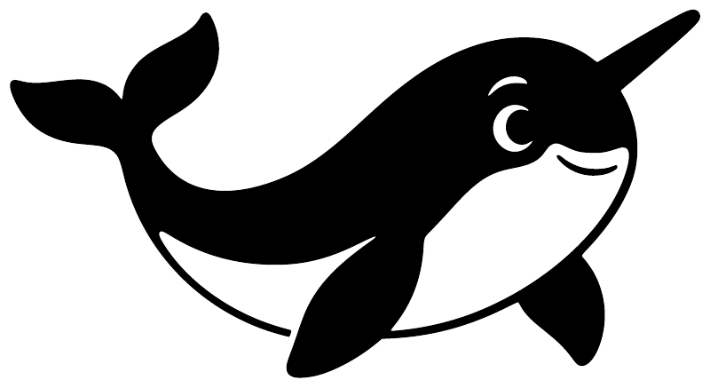 Black narwhal vinyl decal, smiling side profile with horn