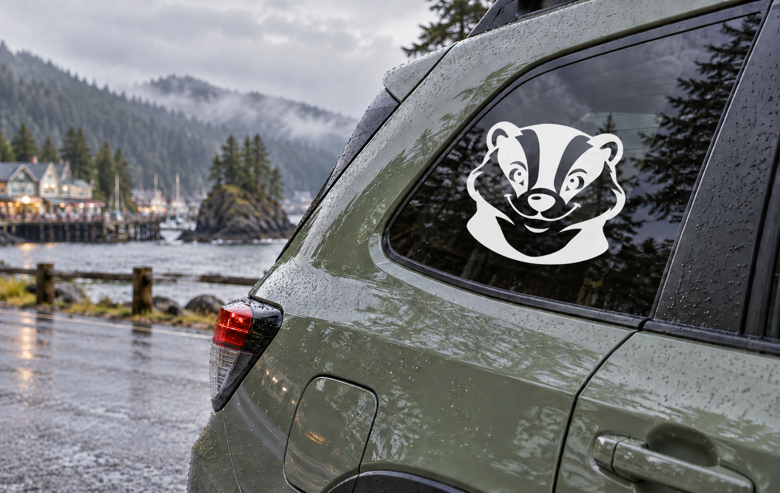 Black-and-white badger mascot vinyl decal on car window