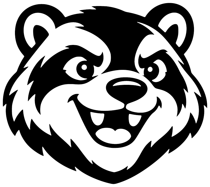 Mascot animal face vinyl decal close-up, black-and-white panda-style design