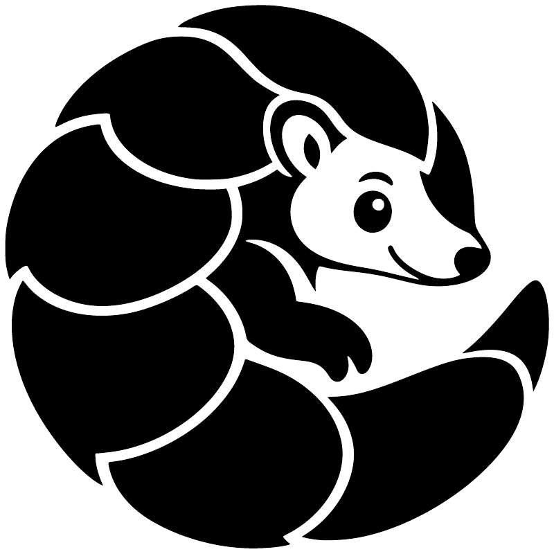 Pangolin mascot vinyl decal logo, black-and-white head and curved body