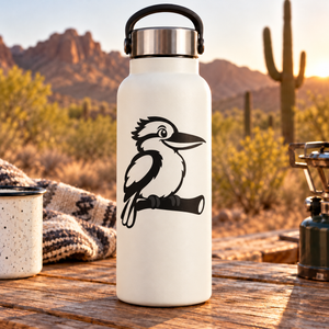 Kookaburra vinyl decal showing black-and-white laughing bird with tube handle on bottle