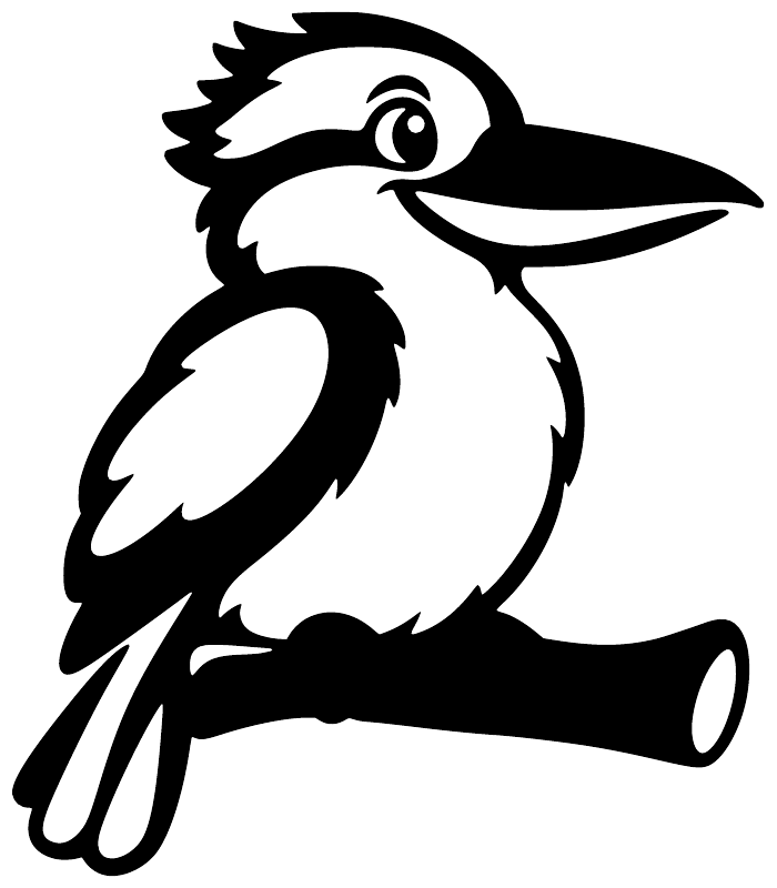 Black-and-white kookaburra vinyl decal of laughing bird with long beak and tube